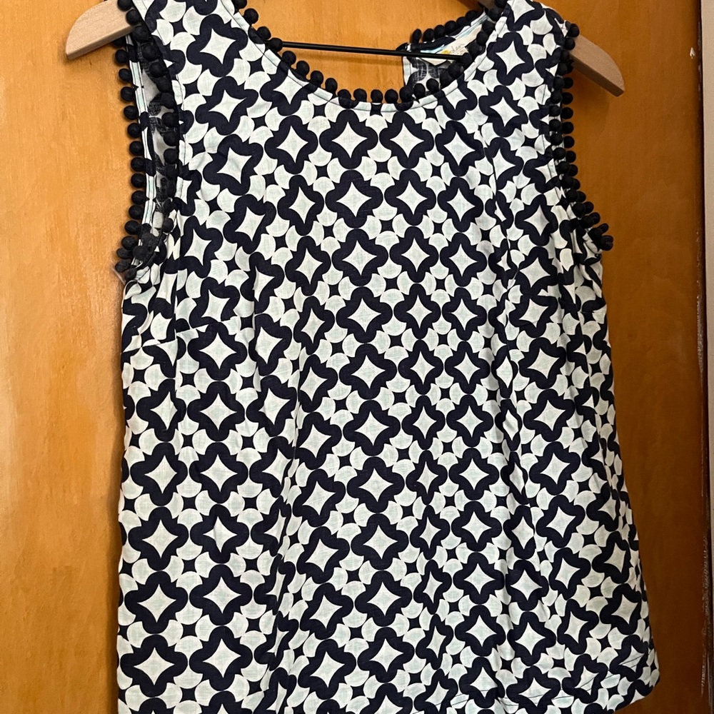 Biden Navy 100% Linen Sleeveless Top with Pompom Embellishment Women’s Size 6